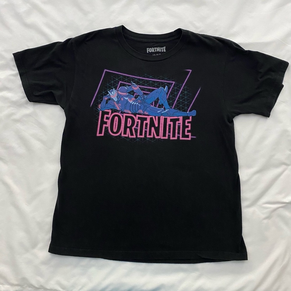 Kids Fortnite black t-shirt with Omega character. Youth size Large
